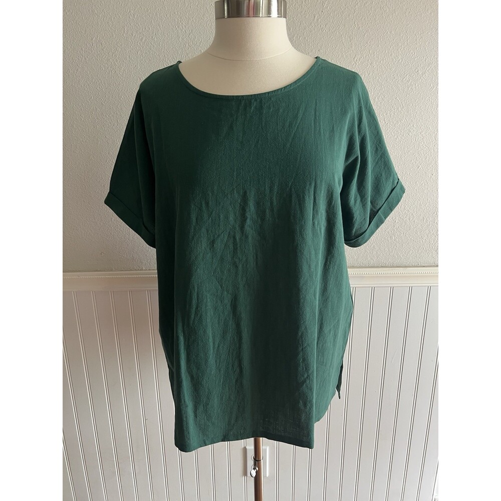 Women's Short Sleeve Tunic Top Basic Staple 100% Cotton Gauze Dark Green L